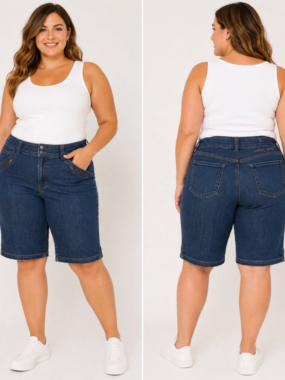 Cotton Ginny Womenโs Size 16 Denim Bermuda Shorts Blue Embroidered Detail